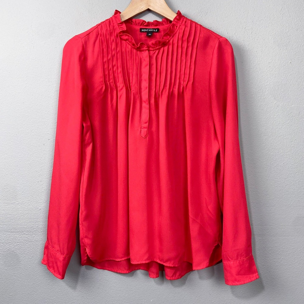 J. Crew Mercantile Pintuck Blouse Size 10 Ruffle Neck Pleated Red Twee Preppy